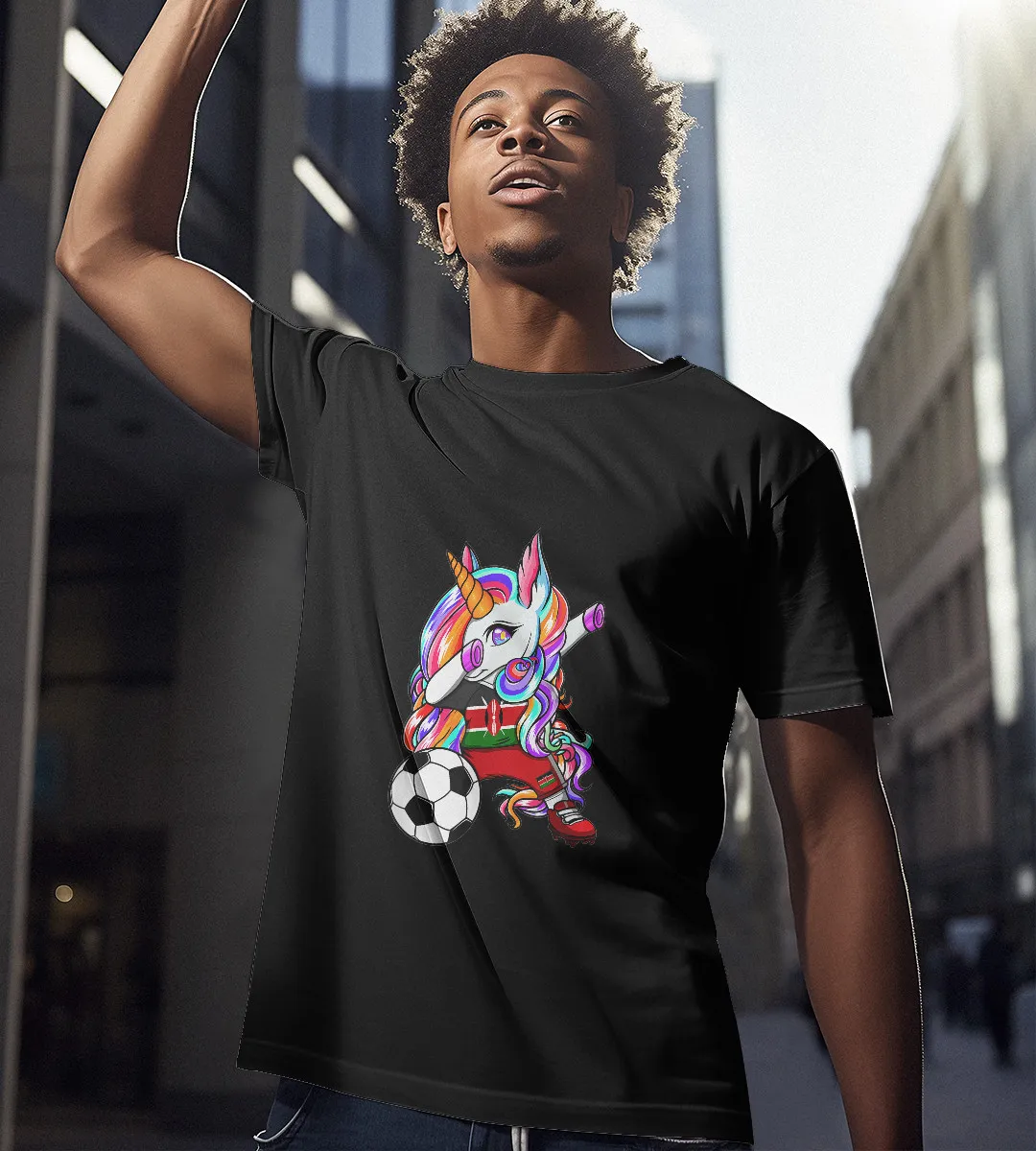 1sttheworld T-Shirt - Dabbing Unicorn Kenya Soccer T-Shirt Black A35