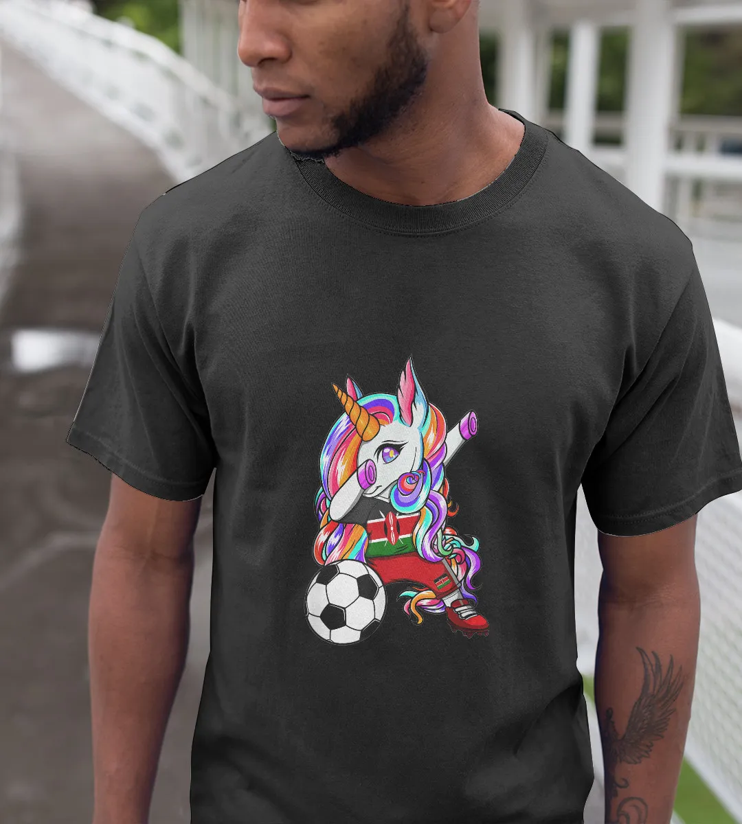 1sttheworld T-Shirt - Dabbing Unicorn Kenya Soccer T-Shirt Black A35