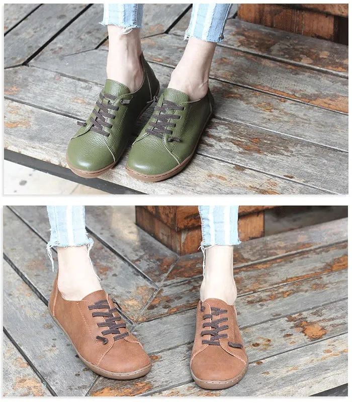 35-42 Women's Flat 100% Authentic Leather Plain Toe Lace Up Shoes