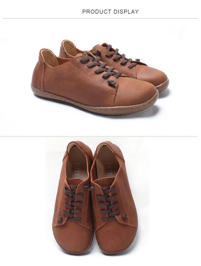 35-42 Women's Flat 100% Authentic Leather Plain Toe Lace Up Shoes