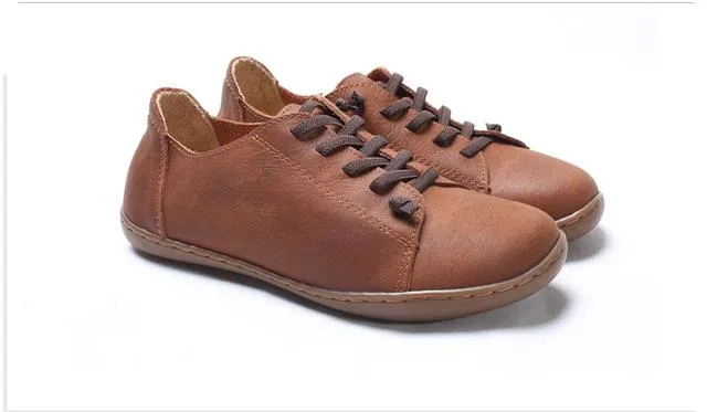 35-42 Women's Flat 100% Authentic Leather Plain Toe Lace Up Shoes