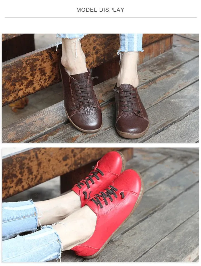 35-42 Women's Flat 100% Authentic Leather Plain Toe Lace Up Shoes