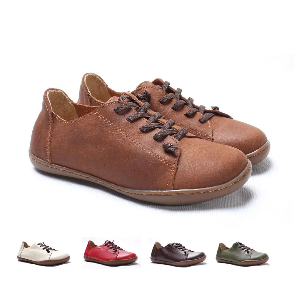 35-42 Women's Flat 100% Authentic Leather Plain Toe Lace Up Shoes