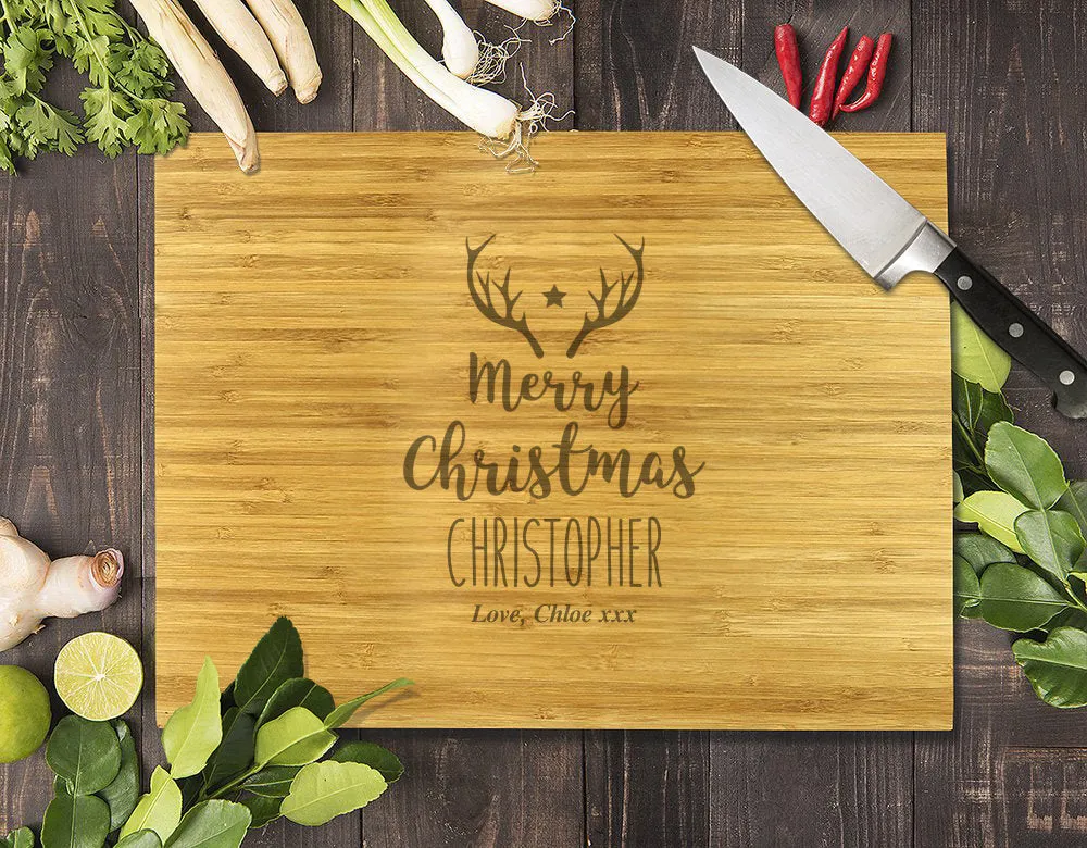 Antler Merry Christmas Bamboo Cutting Board 8x11"