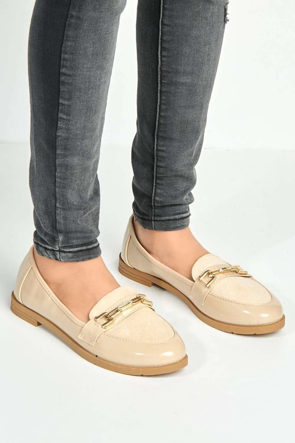 Ariee Diamante Detail Loafers in Beige