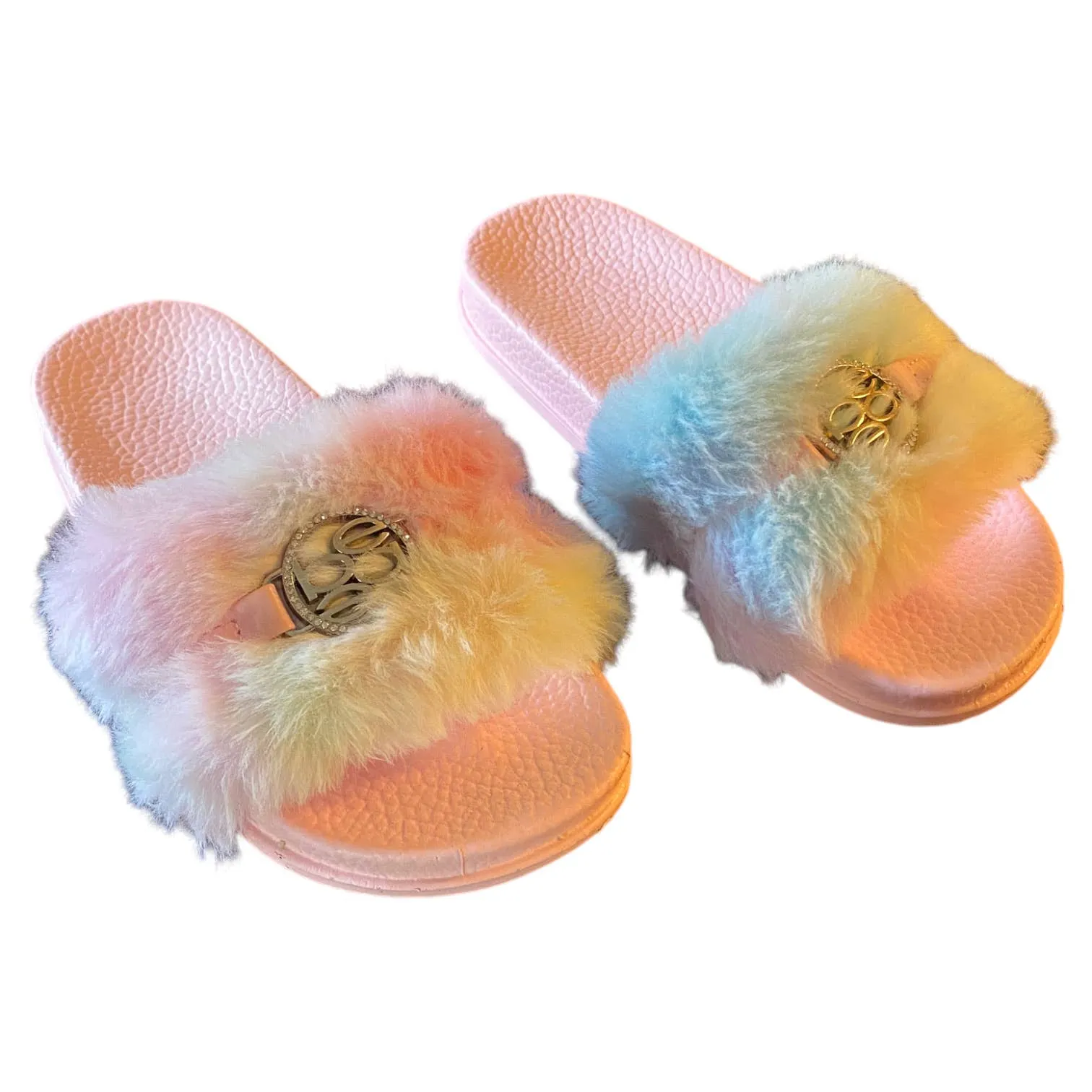 BEBE Girls Pink Furry Slides Flip Flop Slippers Size 13/1