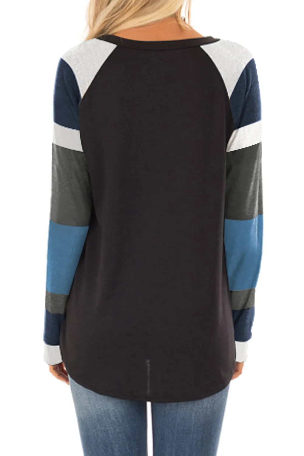 Black Color Block Casual Long Sleeve Top