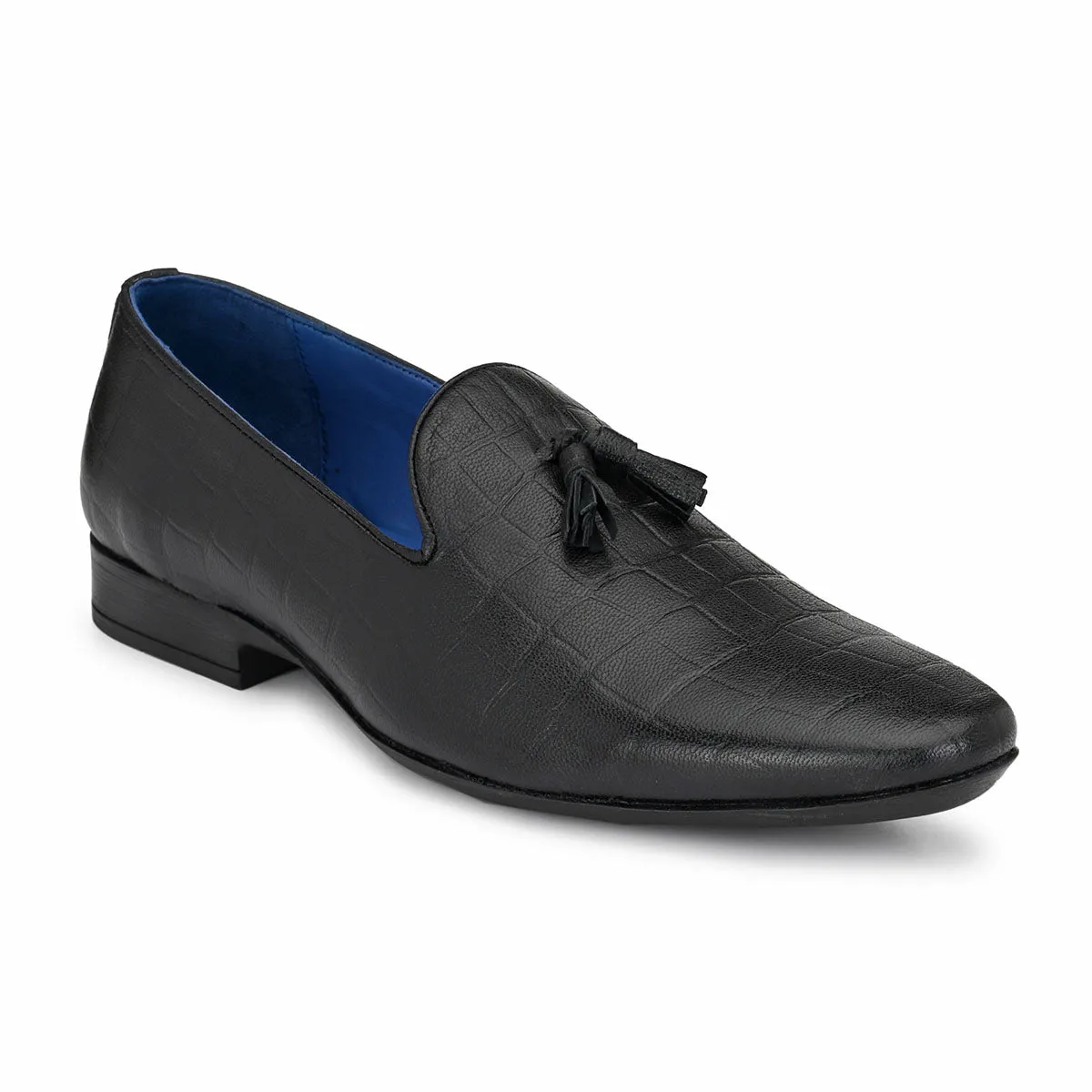 Black Textured Tassel Loafers