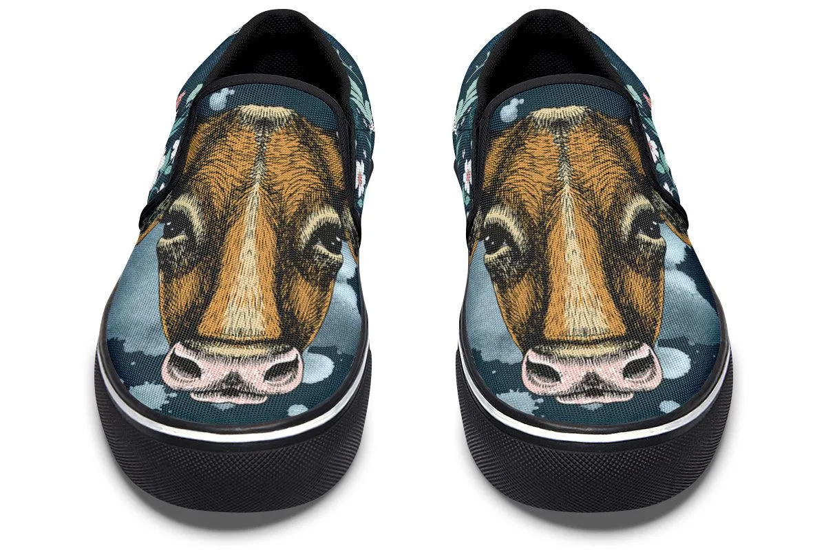 Blue Floral Cow Slip-On Shoes