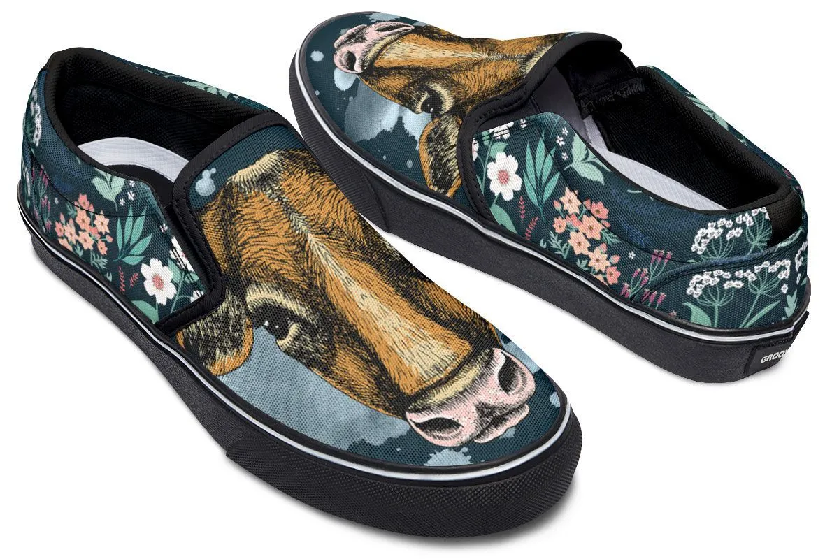 Blue Floral Cow Slip-On Shoes