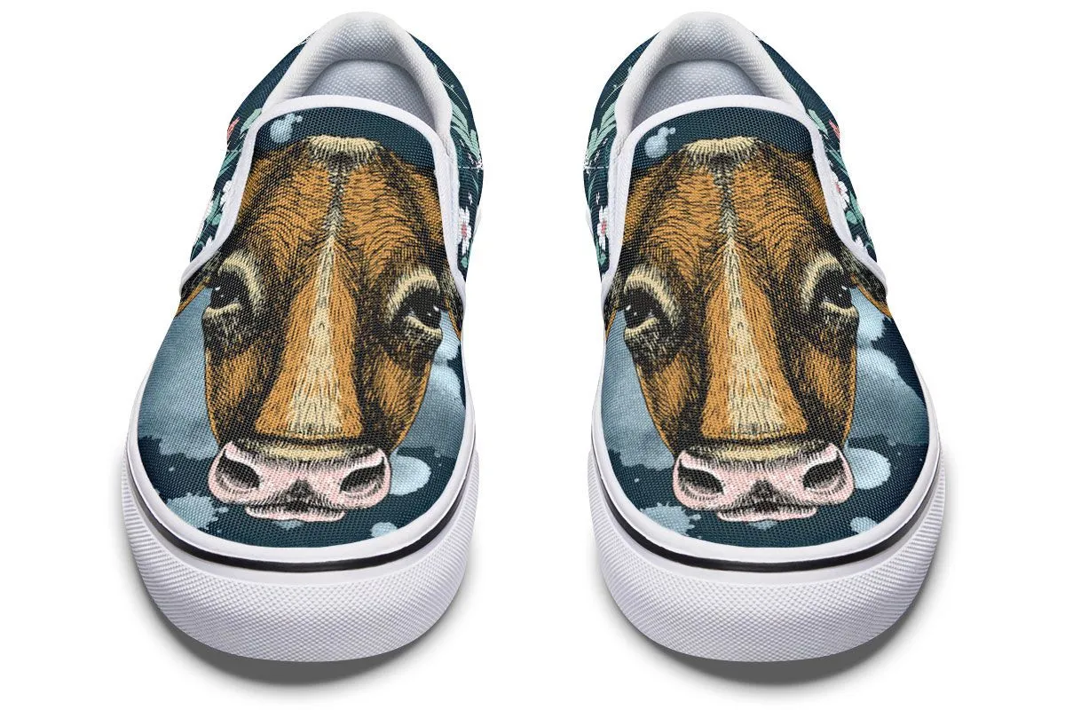 Blue Floral Cow Slip-On Shoes