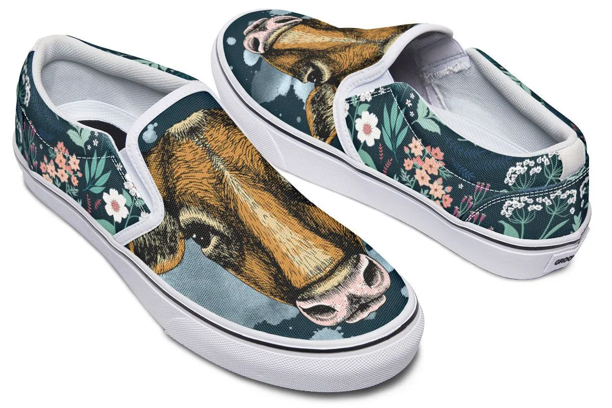 Blue Floral Cow Slip-On Shoes