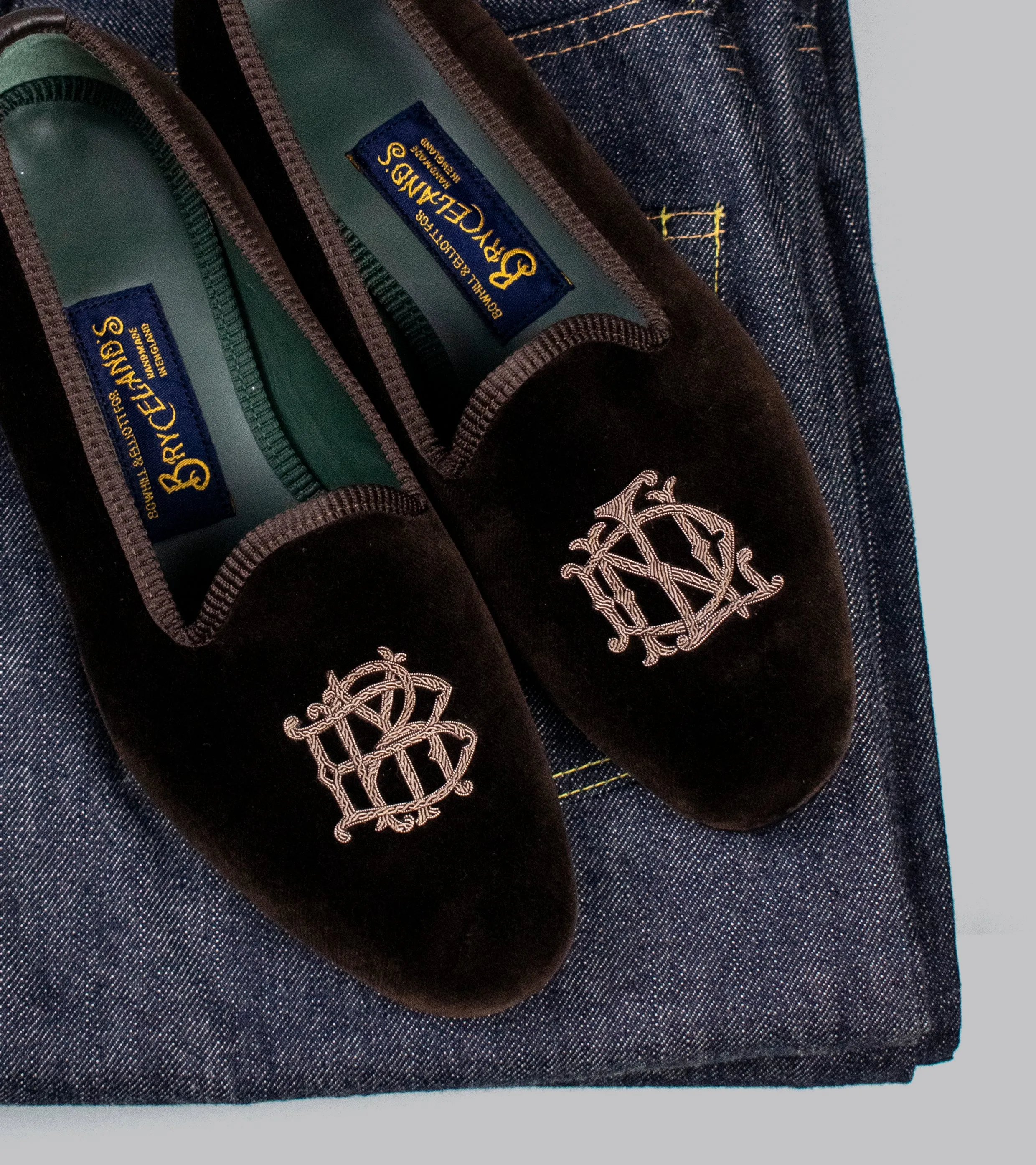 Bryceland's x Bowhill & Elliott Velvet Slippers Brown