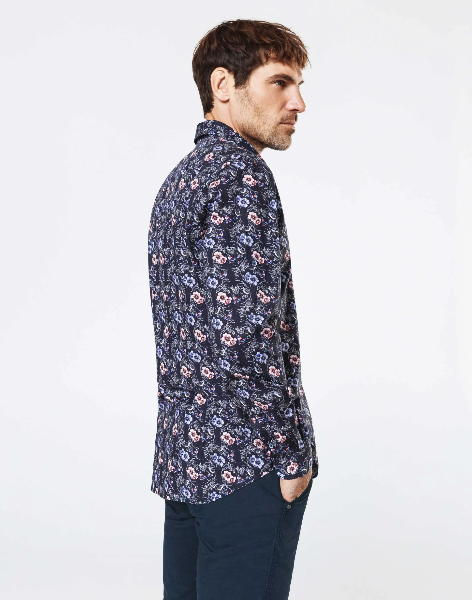 Chemise casual fleurs et oiseaux