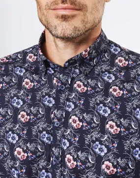 Chemise casual fleurs et oiseaux