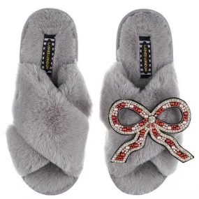 Classic Laines Slippers with Deluxe Bow Brooch in Grey