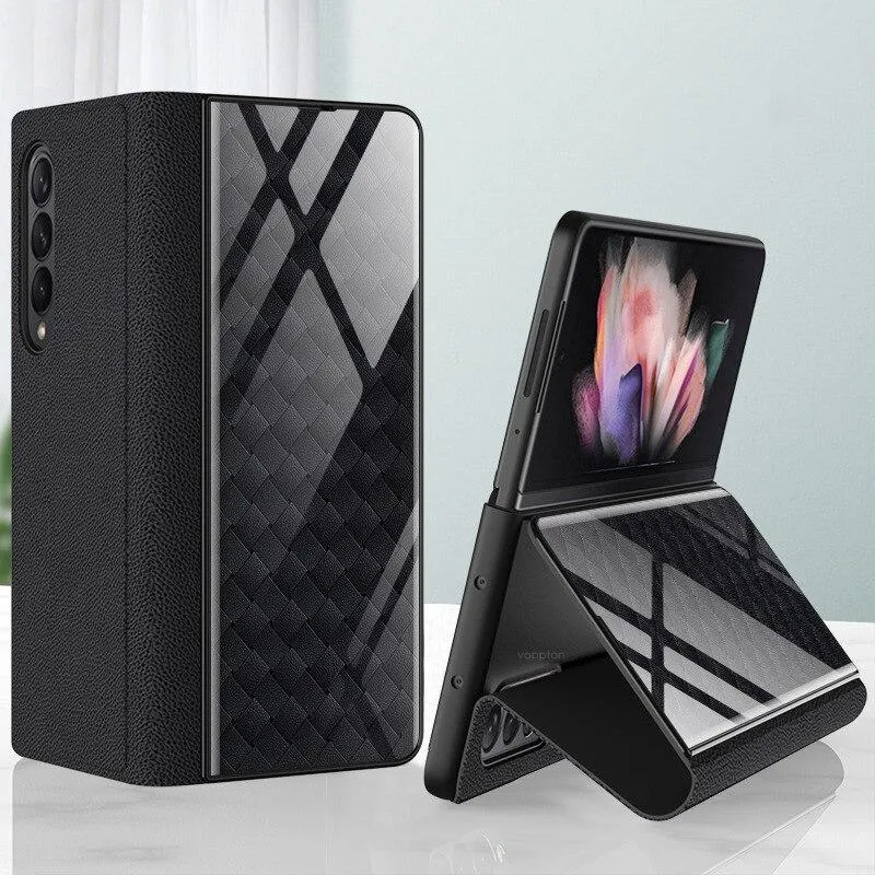 Galaxy Z Fold4 Grid Weaving Pattern Glass Flip Case