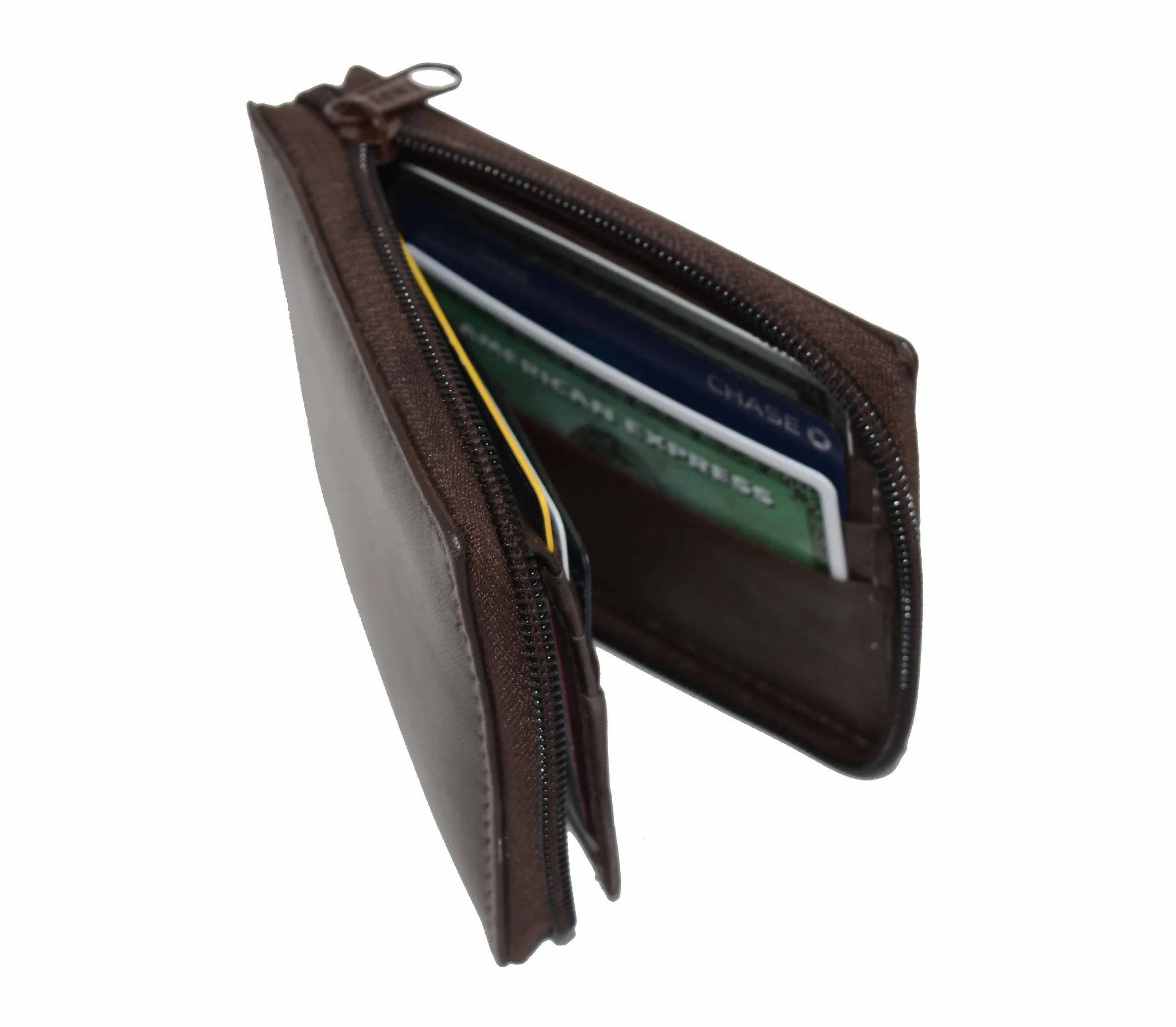 Genuine Flip ID Zipped Soft Leather Bifold Wallet - Brown