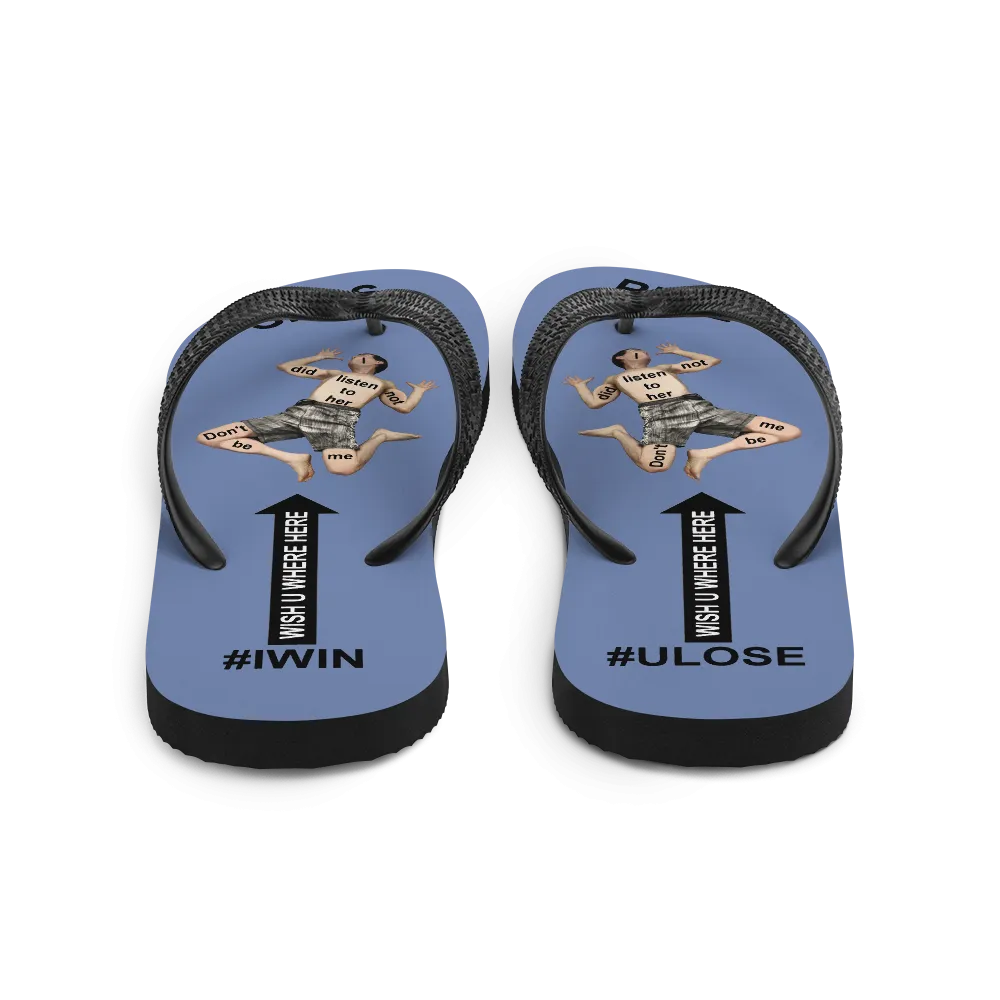 GIRLS RULE flip flops with CRUSHED TINY MAN underfoot blue gray fabric NEW (2020-05-10)