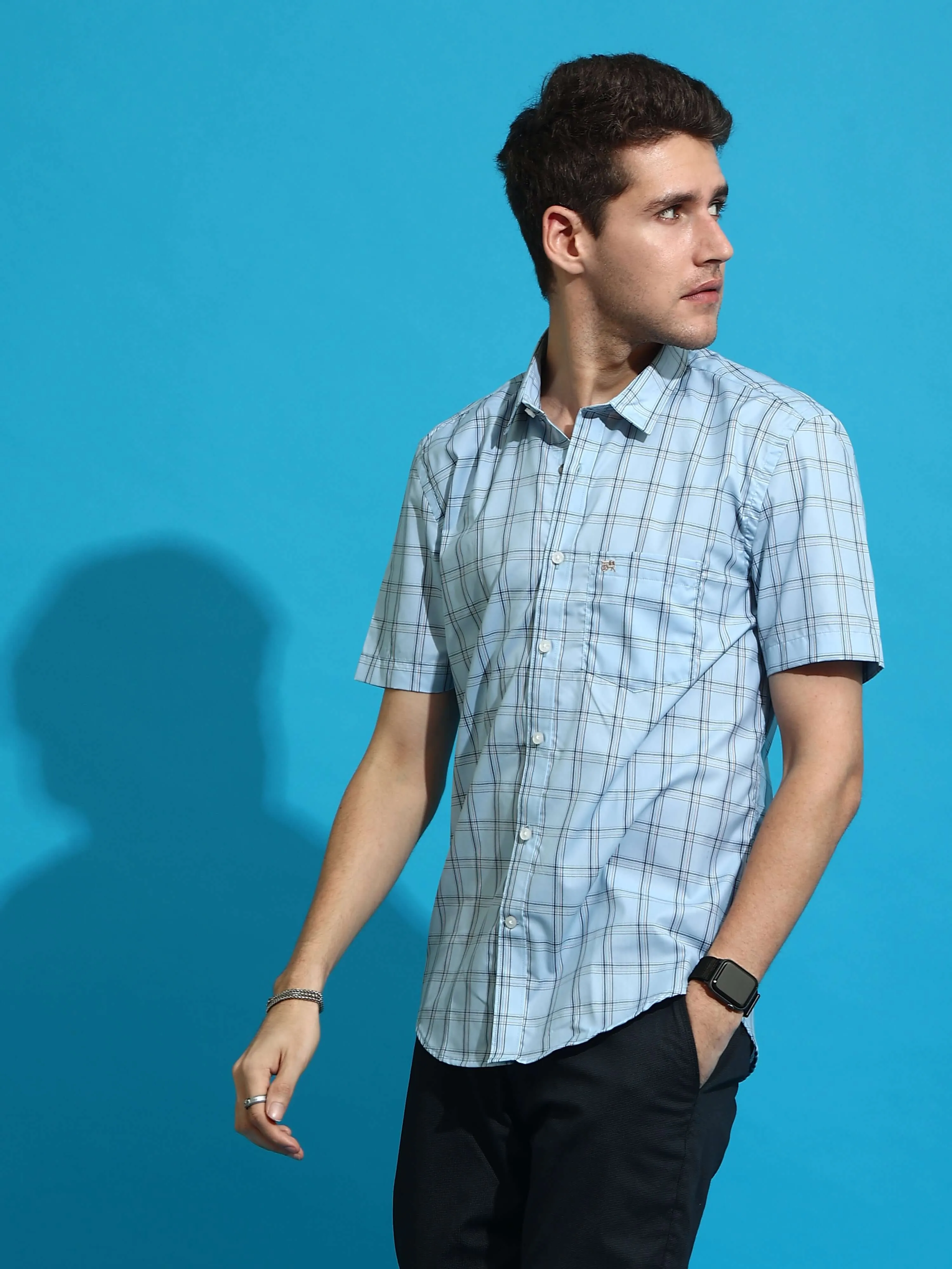 Light blue casual check half sleeves shirt