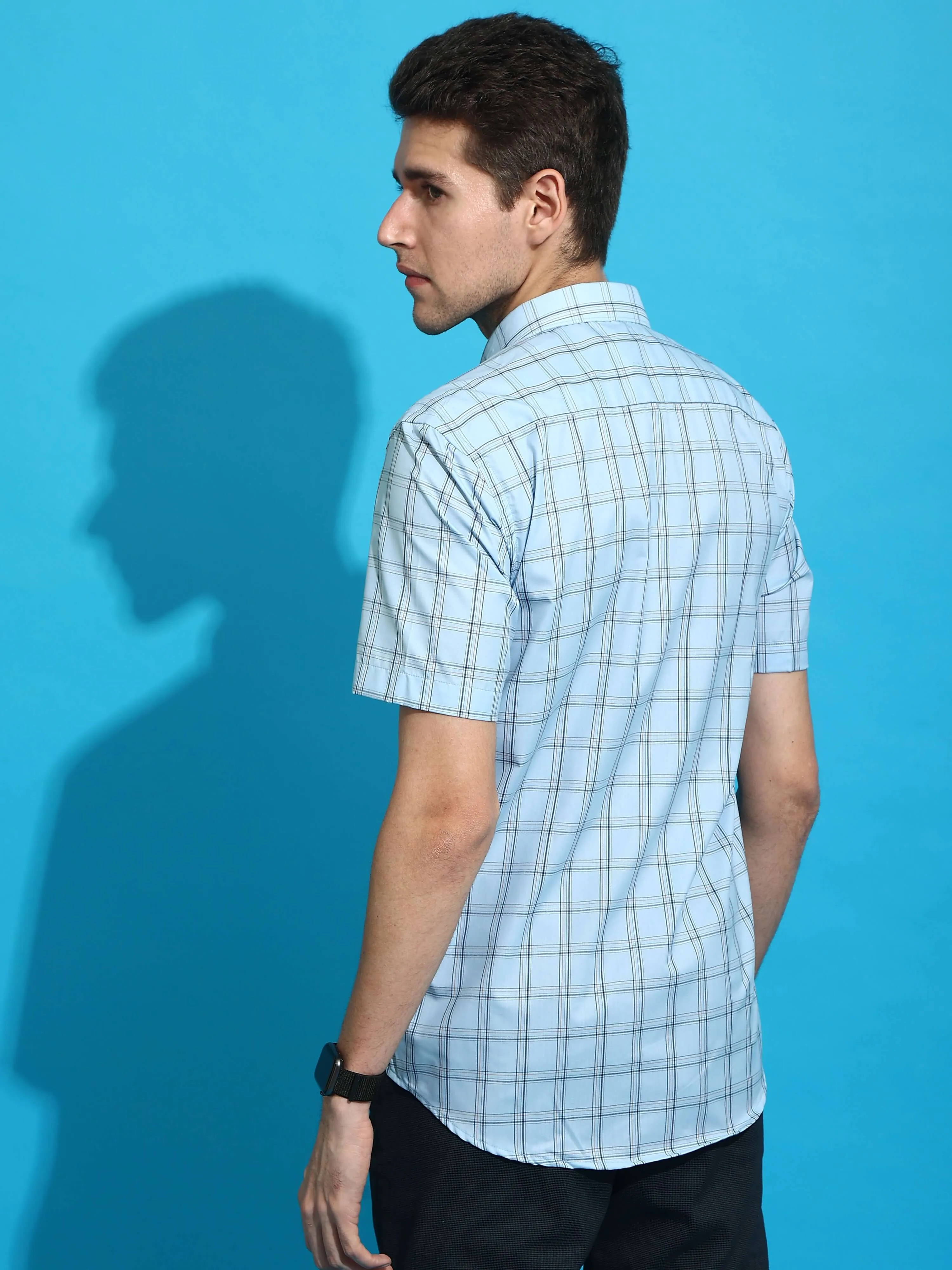 Light blue casual check half sleeves shirt