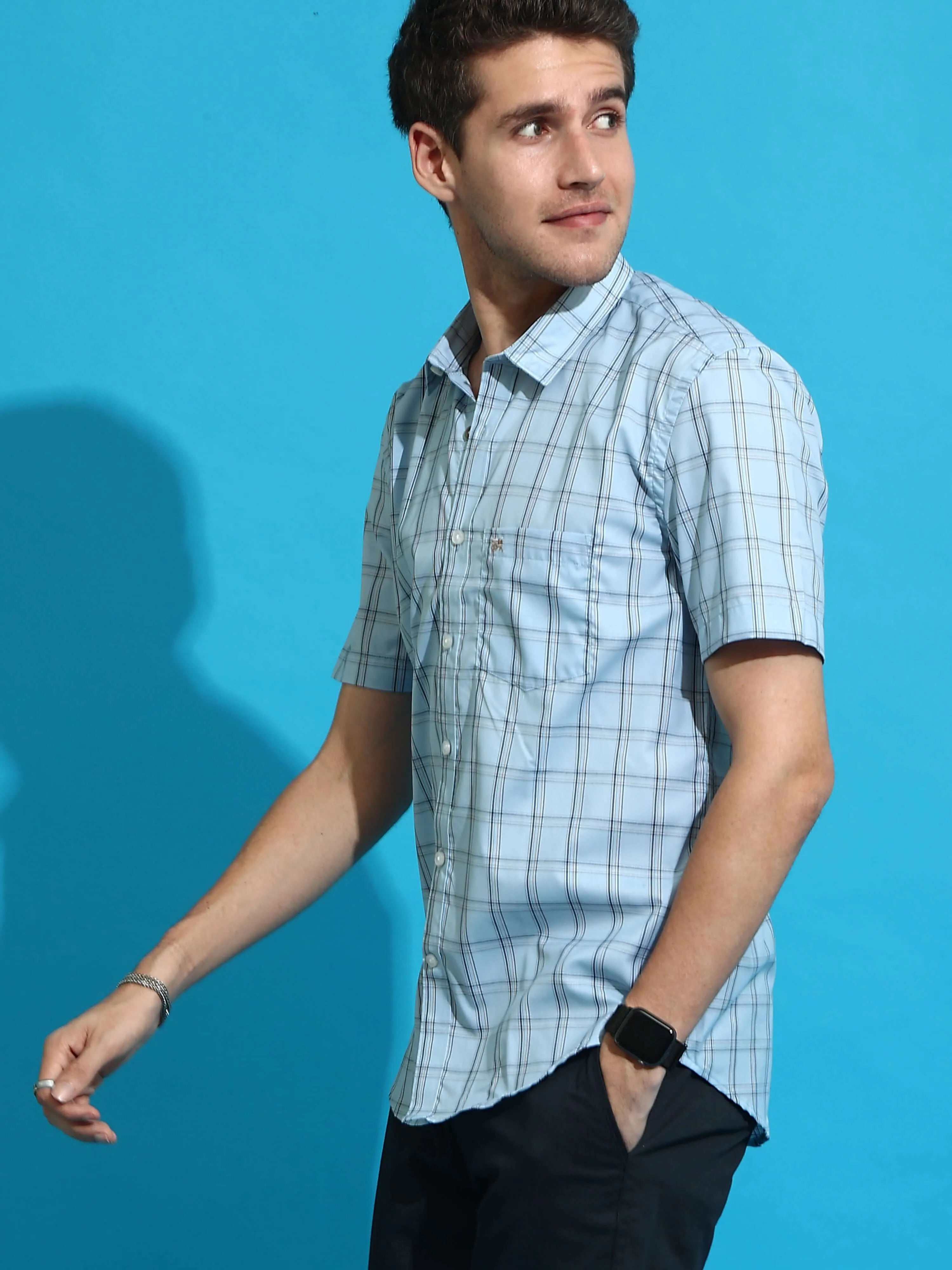 Light blue casual check half sleeves shirt