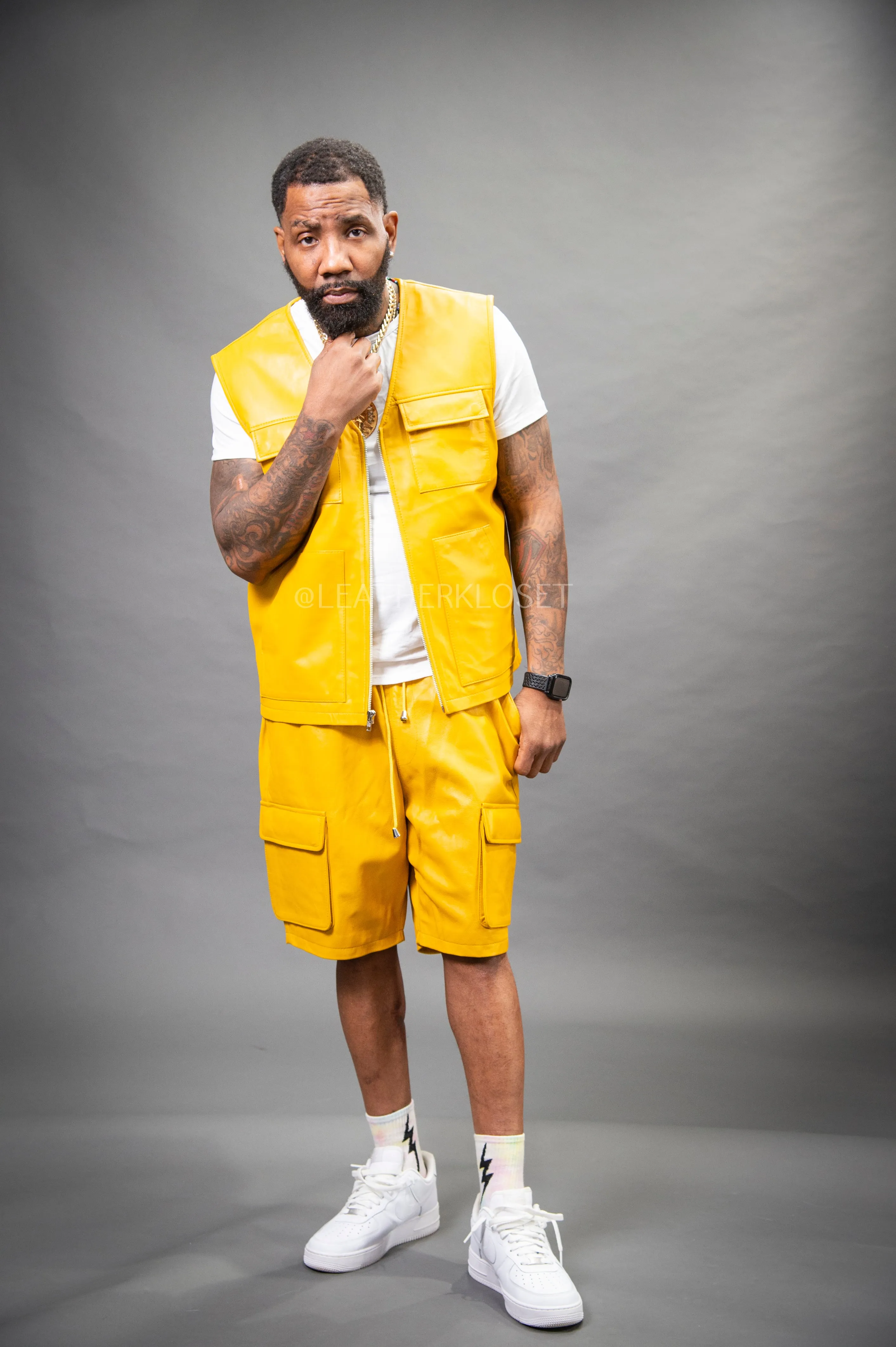 Men's Leather Brooklyn Vest With Leather Cargo Shorts [Yellow]