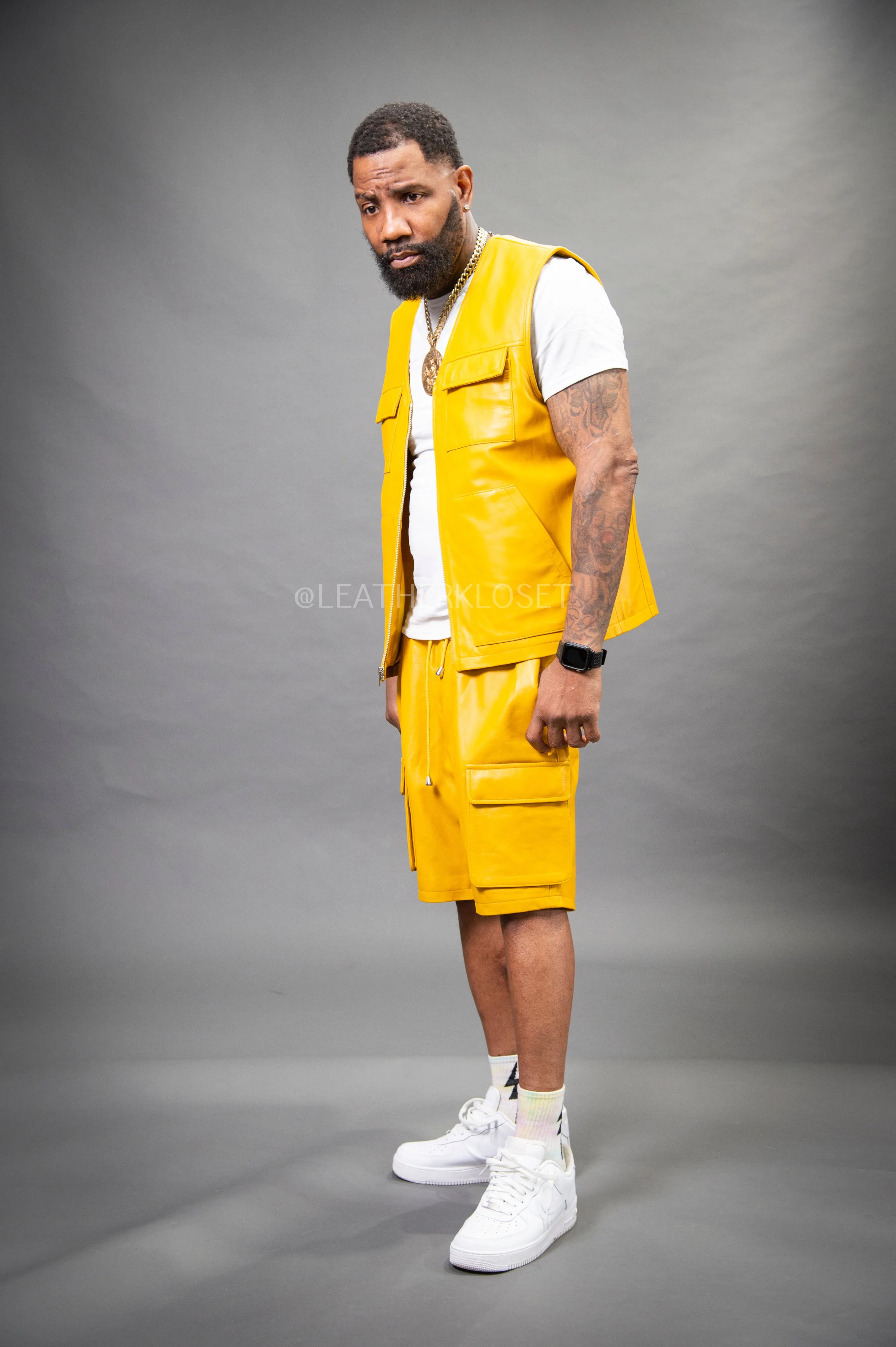 Men's Leather Brooklyn Vest With Leather Cargo Shorts [Yellow]