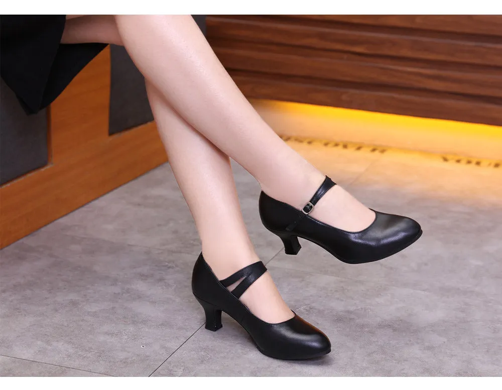 Selena Ladies Genuine Leather Character Dance Shoes with Split Strap and Rubber Sole.  Available in Black, Red and Silver