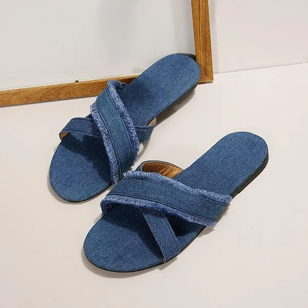 Women's Casual Cross Strap Raw Edge Flat Slippers 01430630S